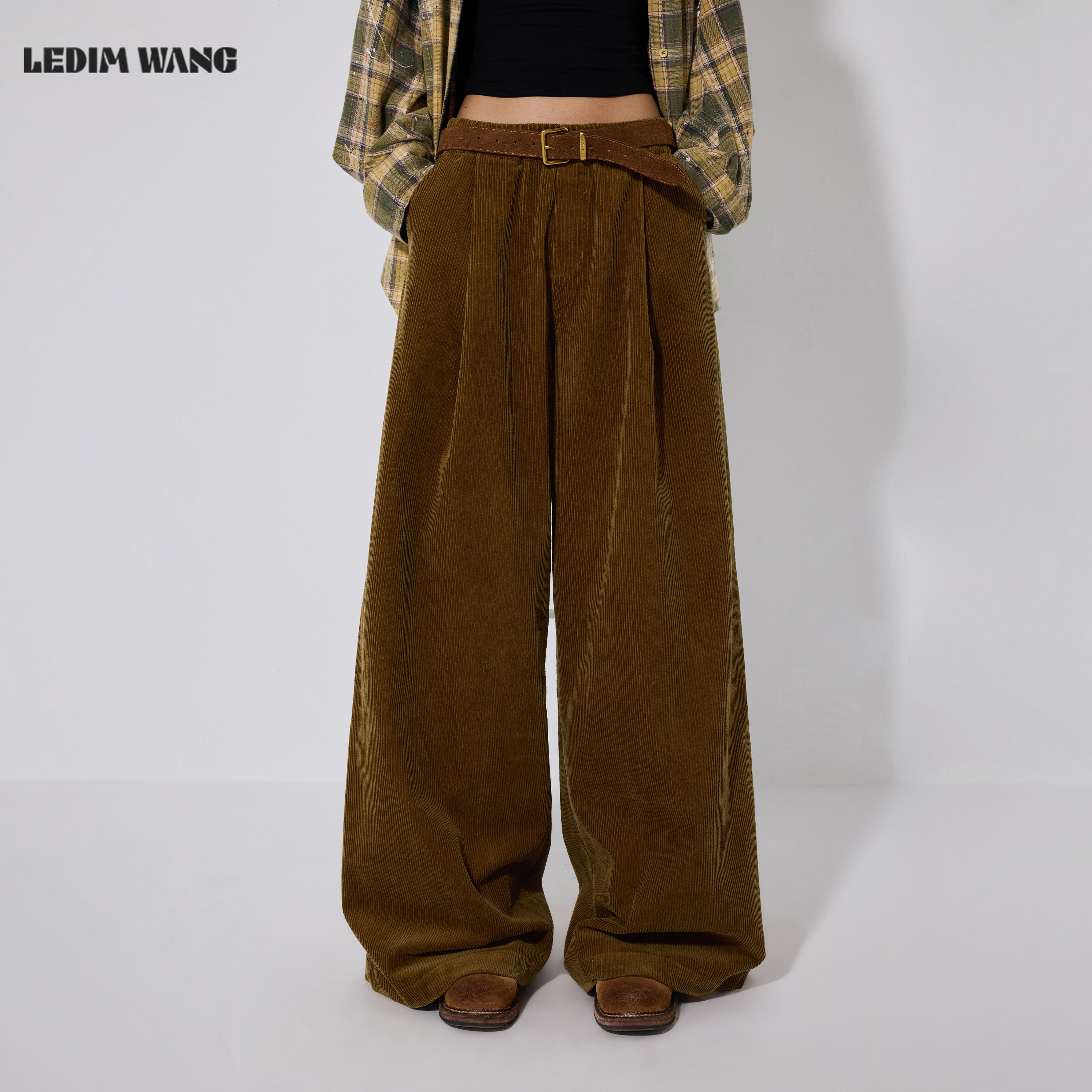 【侯明昊同款】LEDIM WANG复古灯芯绒休闲裤女款棕黄色长裤秋新款