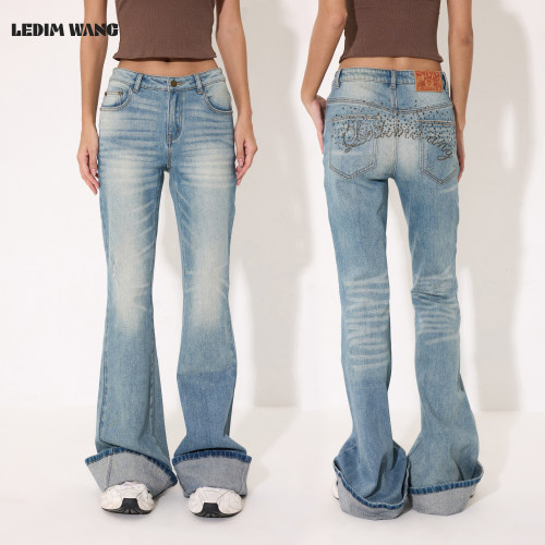 LEDIMWANG美式复古翻边牛仔裤女
