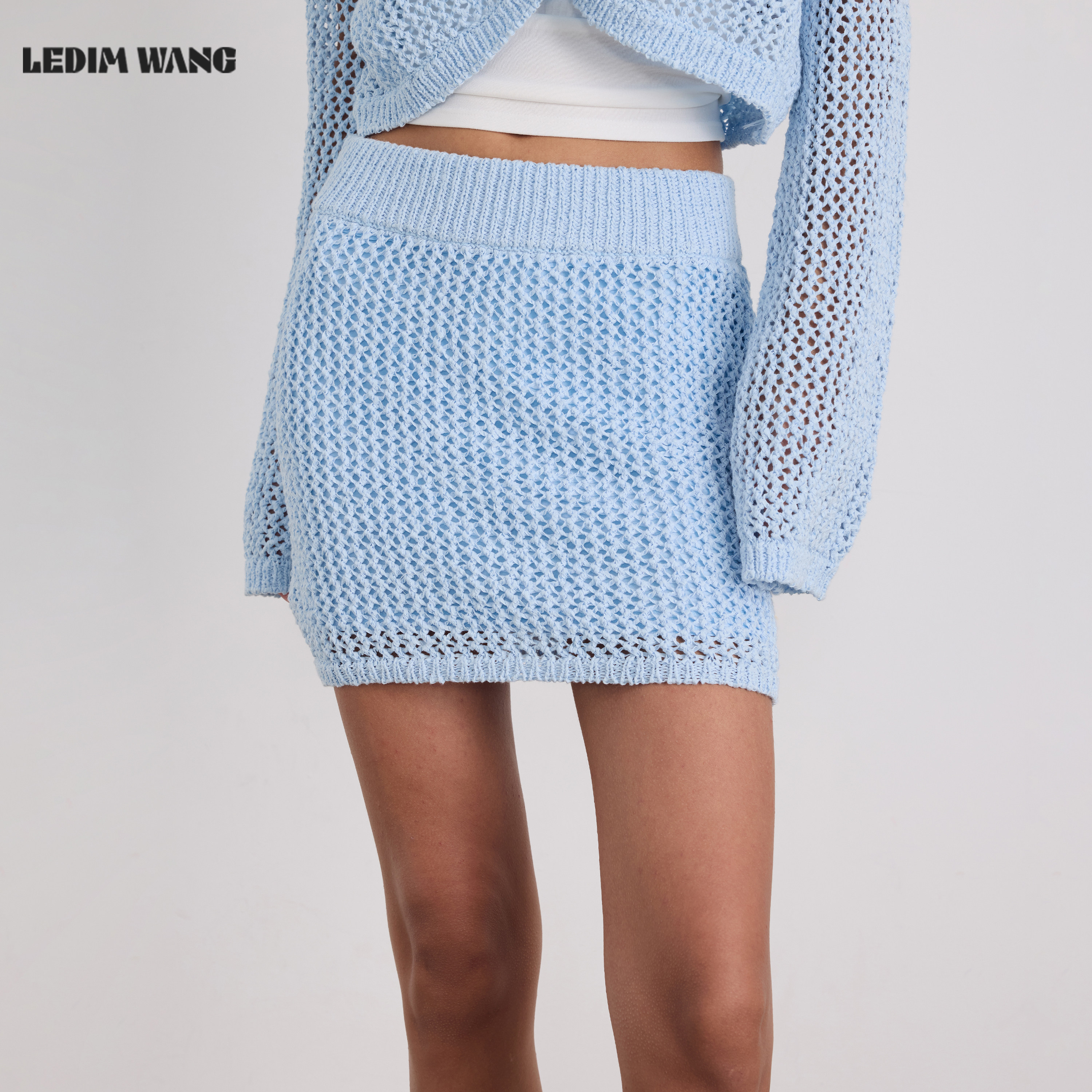 LEDIM WANG慵懒针织半裙包臀裙女蓝色微弹合身显瘦短裙26夏季新款