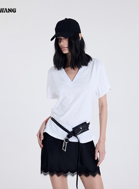 LEDIM WANG小飞袖V领T恤女2026春夏新款白色宽边百搭短袖上衣