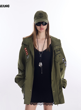 LEDIM WANG涂鸦印花工装外套女2026春季新款森林绿宽松抽绳连帽