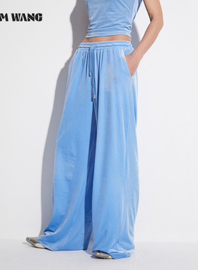 【明星同款】LEDIM WANG白标/丝绒松紧休闲裤女2025新款蓝色长裤