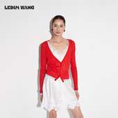 女25秋红长袖 LEDIM WANG撞色轻薄凉感防晒莱赛尔亚麻针织开衫 上衣