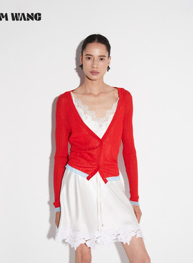 LEDIM WANG撞色轻薄凉感防晒莱赛尔亚麻针织开衫女25秋红长袖上衣