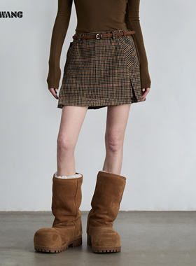 LEDIM WANG学院风A摆格纹半身裙女绵羊毛棕色百搭短裙25秋冬新款