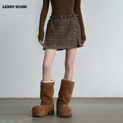 LEDIM WANG学院风A摆格纹半身裙女绵羊毛棕色百搭短裙25秋冬新款