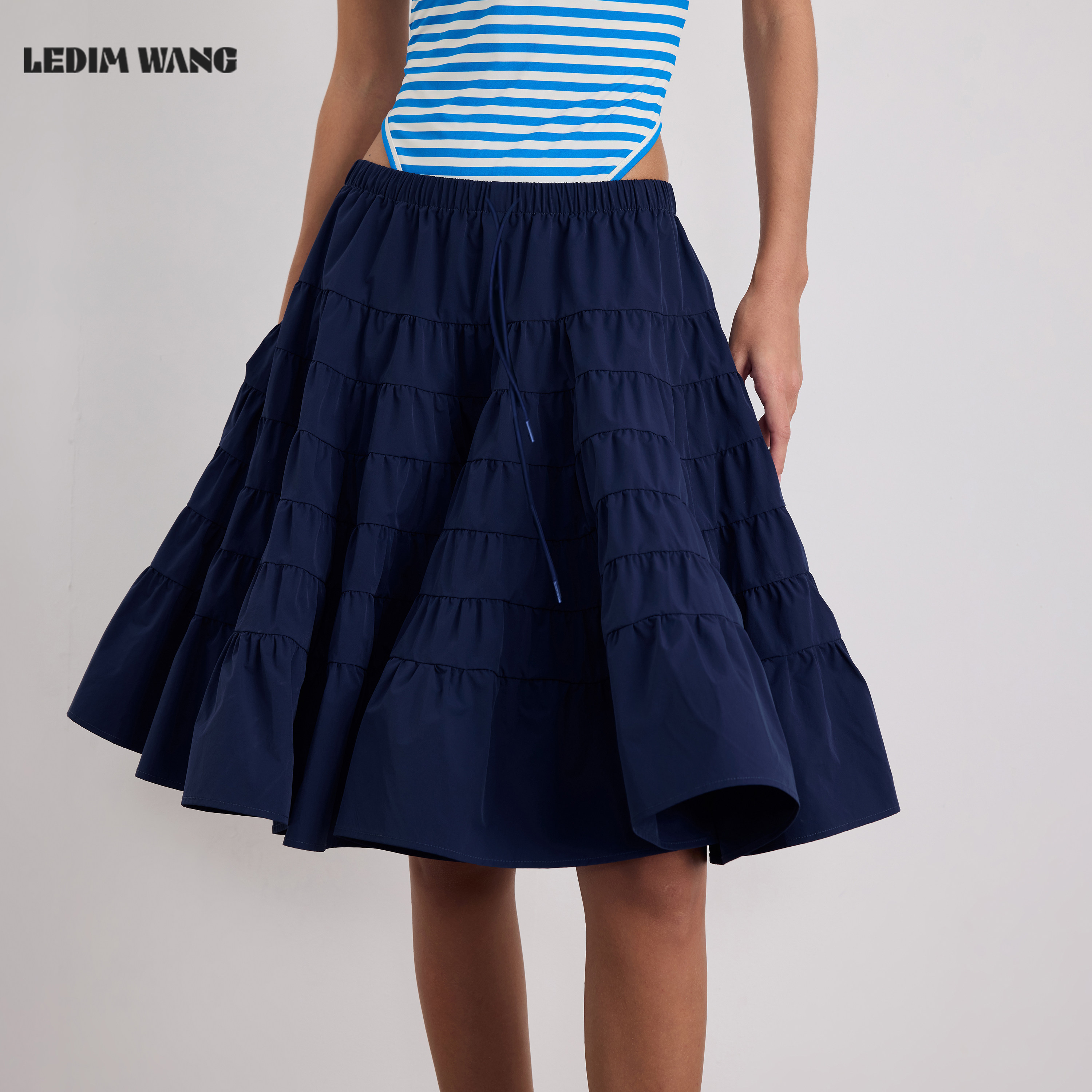 LEDIM WANG云朵蓬蓬半身裙女藏青色A字伞状裙摆中长裙26夏季新款