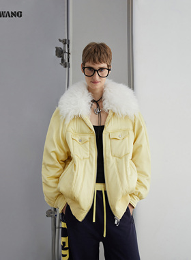 LEDIM WANG白标/皮草毛领茧型棉服外套女25秋冬新款黄色宽松上衣