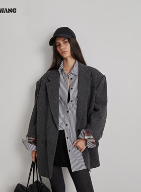 LEDIM WANG白标绵羊毛廓形西装棉服女秋冬新款灰色宽松保暖外套
