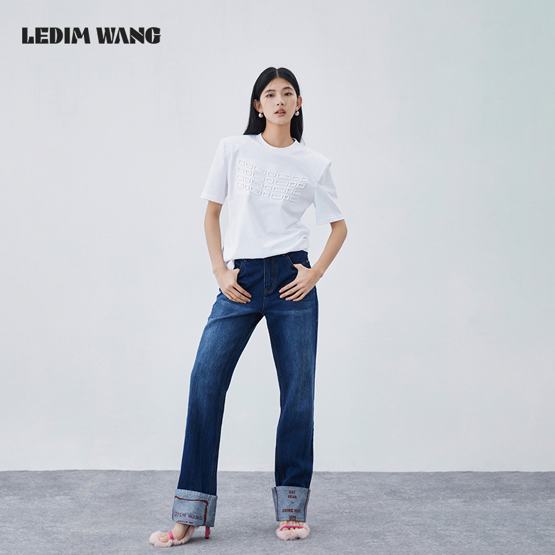 LEDIM WANG翻边纯棉牛仔裤女2024春夏新款设计师原创百搭直筒长裤