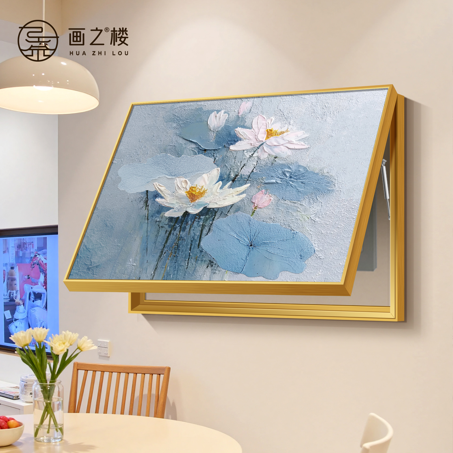 大芬村油画电表箱装饰画蓝色抽象荷花餐厅配电箱遮挡画总开关挂画图片