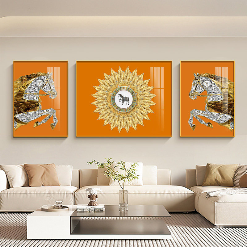 马到成功客厅三联画现代轻奢橙色软装骏马图高级感沙发背景墙挂画,家居饰品,现代装饰画,淘宝优惠券,粉丝福利购,淘宝优惠卷