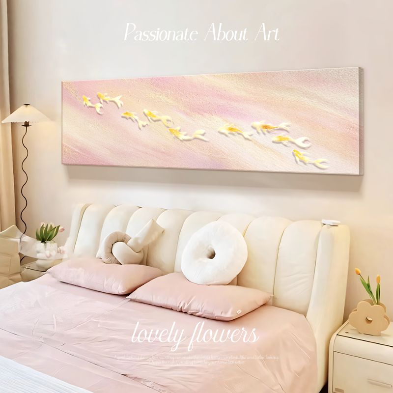 奶油风九鱼图卧室挂画粉色温馨床头壁画招财客厅沙发背景墙装饰画,家居饰品,现代装饰画,淘宝优惠券,粉丝福利购,淘宝优惠卷