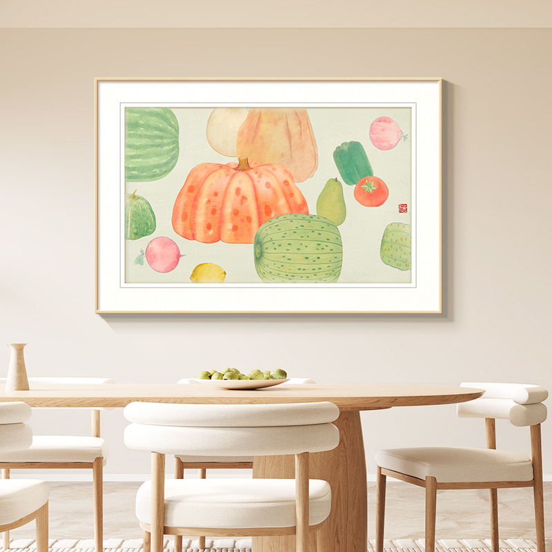 《丰收图》餐厅装饰画奶油原木风蔬菜瓜果饭厅挂画沙发背景墙壁画图片