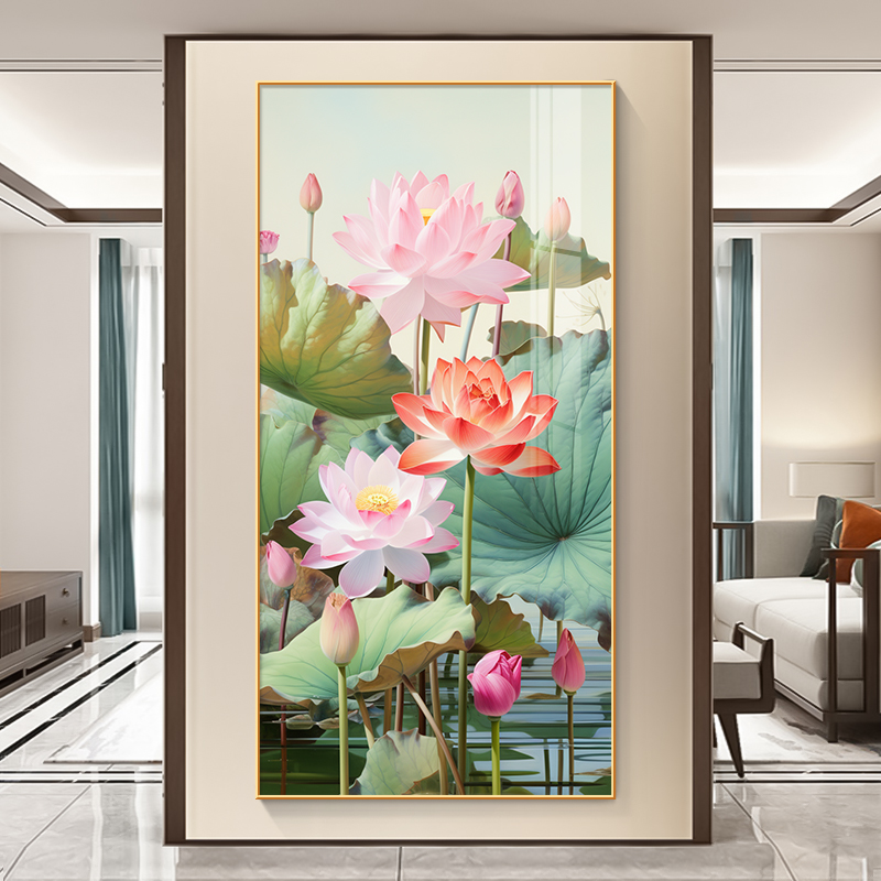 新中式玄关挂画茶室书房禅意荷花壁画酒店高级大尺寸楼梯间装饰画图片