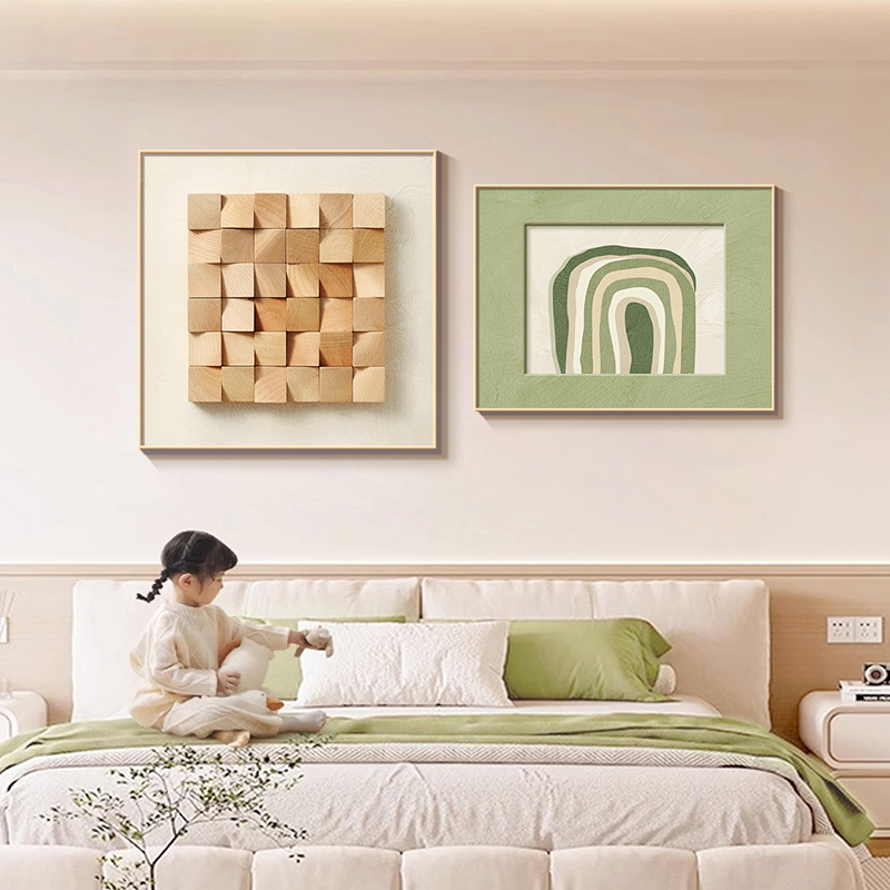 现代简约抽象几何卧室床头装饰画立体绿色两联组合挂画高级感壁画图片