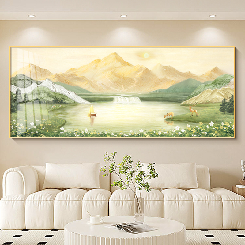 日照金山客厅挂画聚宝盆福禄招财北欧山水画办公室书房横版装饰画图片