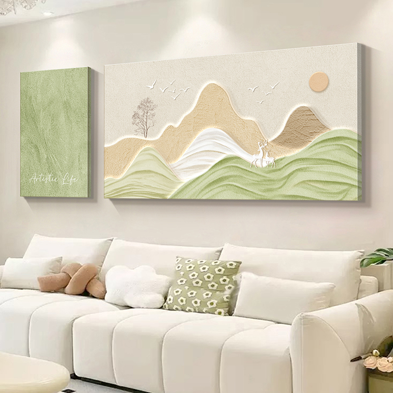 日照金山客厅组合装饰画奶油风肌理感沙发背景墙挂画背有靠山壁画图片
