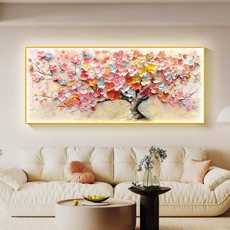 发财树灯光画奶油风客厅沙发背景墙装饰画大芬村肌理感摇钱树挂画