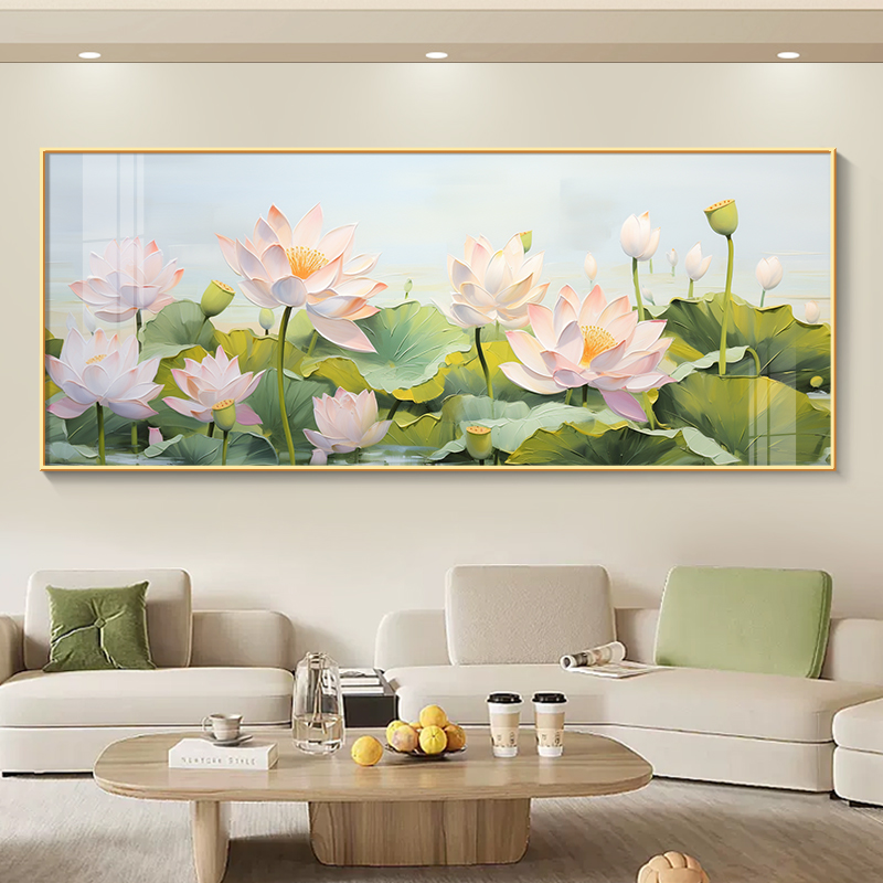 奶油风荷花沙发背景墙壁画小清新莲花书房装饰画高档横版客厅挂画图片