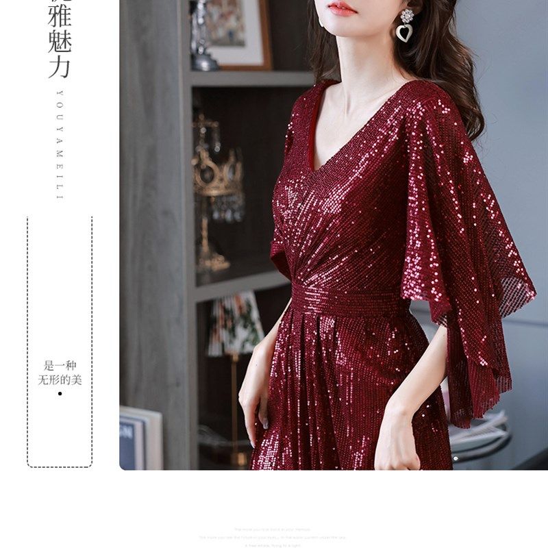 大码敬酒服新娘结婚加肥胖mm显瘦宴会高端演出主持人酒红色晚礼服
