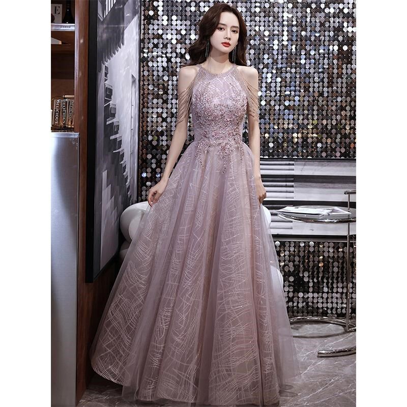 惊艳晚礼服裙女宴会气质轻奢小众高端名媛年会主持人挂脖流苏生日