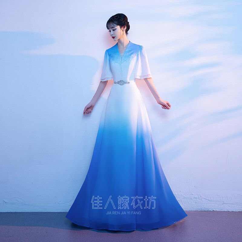 舞台大合唱演出服女长裙中国风指挥服装古筝演奏蓝色雪纺歌唱比赛