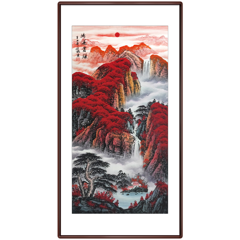 好货纯手绘竖版玄关国画山水画客厅装饰挂画招财走廊过道靠山壁画