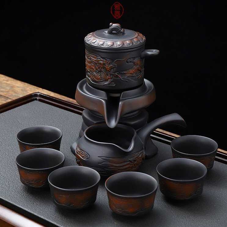 网红康乐品紫陶石磨茶具套装家用懒人泡茶紫砂功夫复古自动茶壶旋