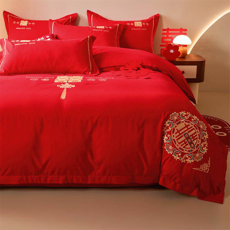 结婚四件套婚庆床上用品婚嫁新婚陪嫁大红色被套床单被子喜被全套