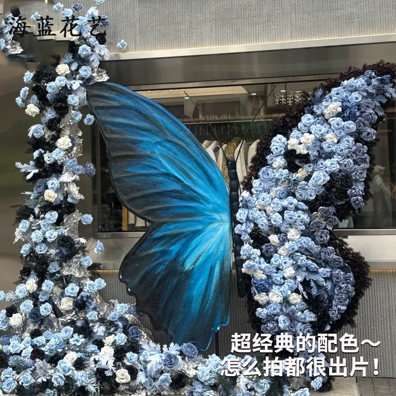 巨型蝴蝶网红花墙玫瑰花海成品网红打卡拍照引流装置婚房装饰花艺