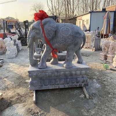 曲阳石雕大象摆件晚霞红门口石象一对大理石看门摆件