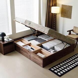 北美黑胡桃木实木无床头箱体床樱桃橡木原木简约双人榻榻米气压床