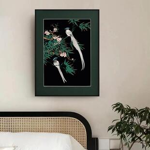 绶带鸟国风花鸟装饰画新中式挂画法式中古风客厅墙上卧室床头壁画