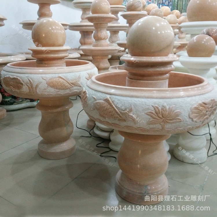 晚霞红大理石雕风水球喷泉摆件