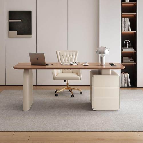 奶油实木书桌家用书房极简现代轻奢办公桌简约写字台电脑桌转角
