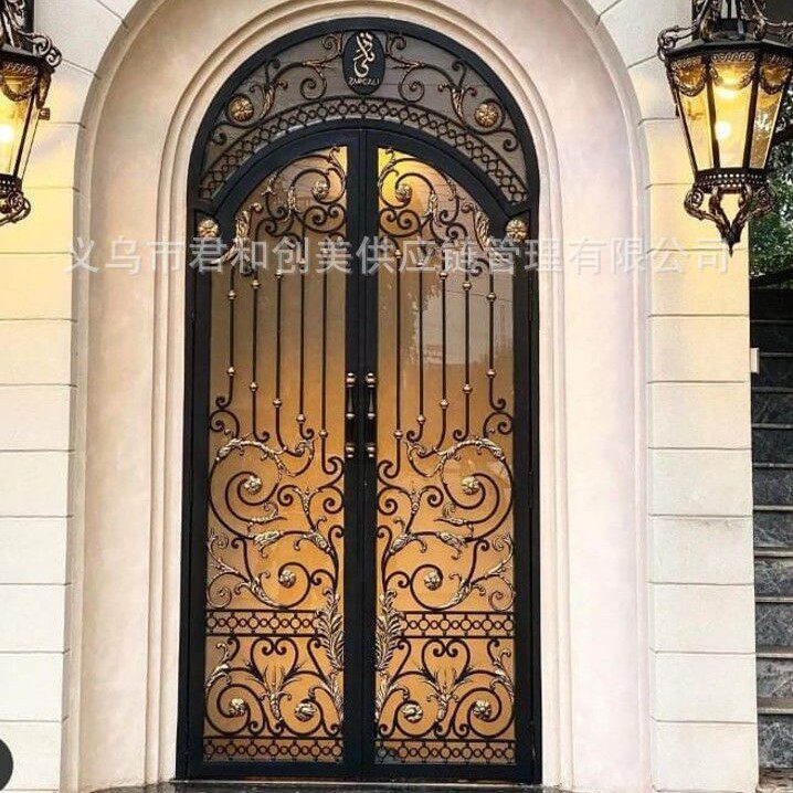 法式锻打铁艺入户玻璃门拱形对开门铁艺护窗栏杆庭院大门凉亭雨棚