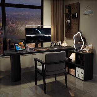 严选黑色转角书桌l型带柜子实木电脑桌拐角办公桌卧室梳妆台一体
