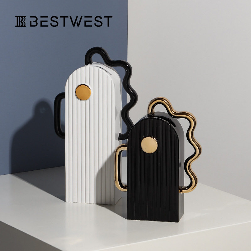 Best west 创意美式轻奢竖纹陶瓷花瓶花器摆件高档软装家居装饰品