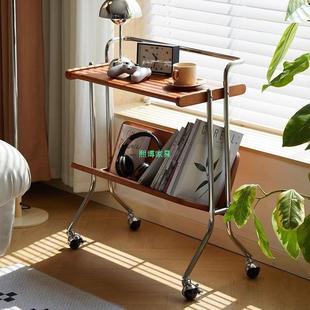 可移动茶几床头樱桃木书架中古小推车实木边几置物架客厅沙发复古