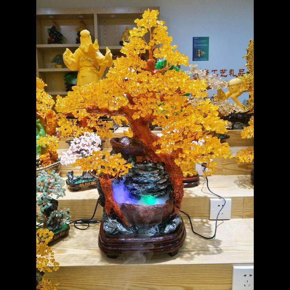 天然黄水晶发财树招财树摇钱树水晶树聚宝树大号流水喷泉摆件