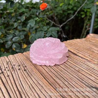 Rose quartz 天然晶体粉晶 原石雕刻花朵摆件工艺品 创意家居装饰