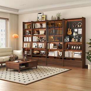 黑胡桃木实木书柜整墙置物架收纳展示柜中古组合书柜简约现代书架