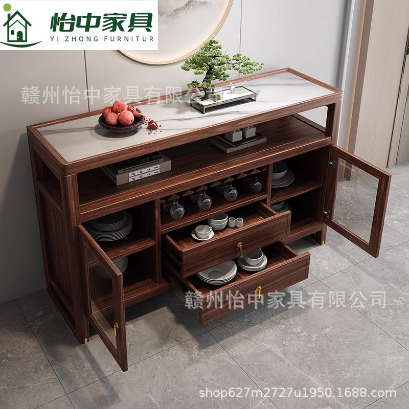 乌金木岩板餐边柜实木两门新中式轻奢高端客厅入户茶边茶水柜靠墙