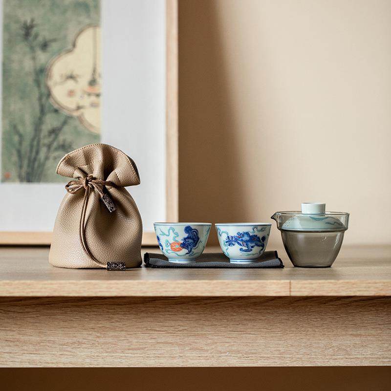 仿古青花防烫玻璃旅行茶具套装单人户外便携式陶瓷快客杯一壶两杯