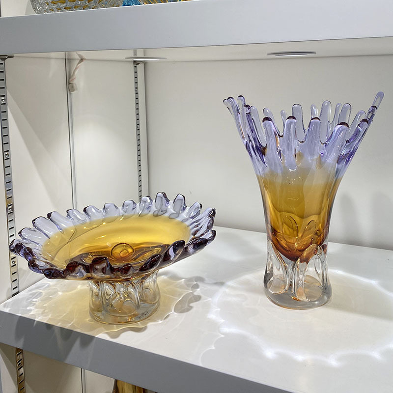 水晶琉璃花瓶果盘套装创意玄关餐桌花瓶摆件客厅插花高级感装饰摆
