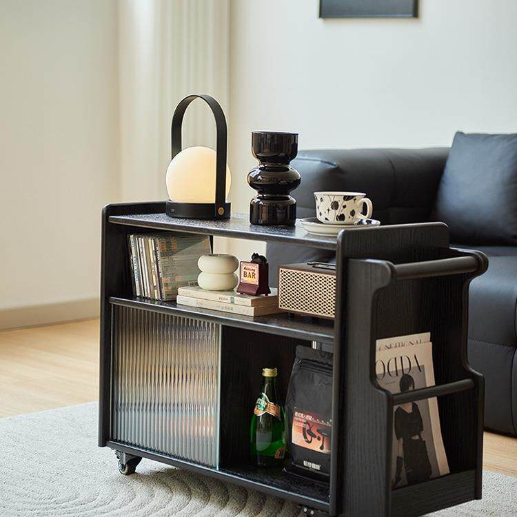 实木边几小茶几可移动客厅沙发侧边柜家用黑色小推车储物柜置物架