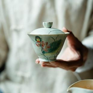 粉引釉下手绘荷花鸟二才盖碗家用陶瓷花朵手抓茶碗泡茶碗粗陶功夫