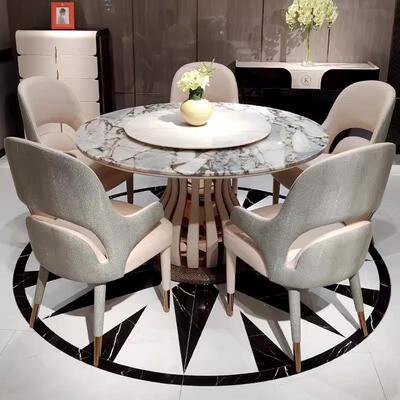 意式轻奢实木圆桌大理石餐桌椅组合别墅现代简约餐厅奢华家具