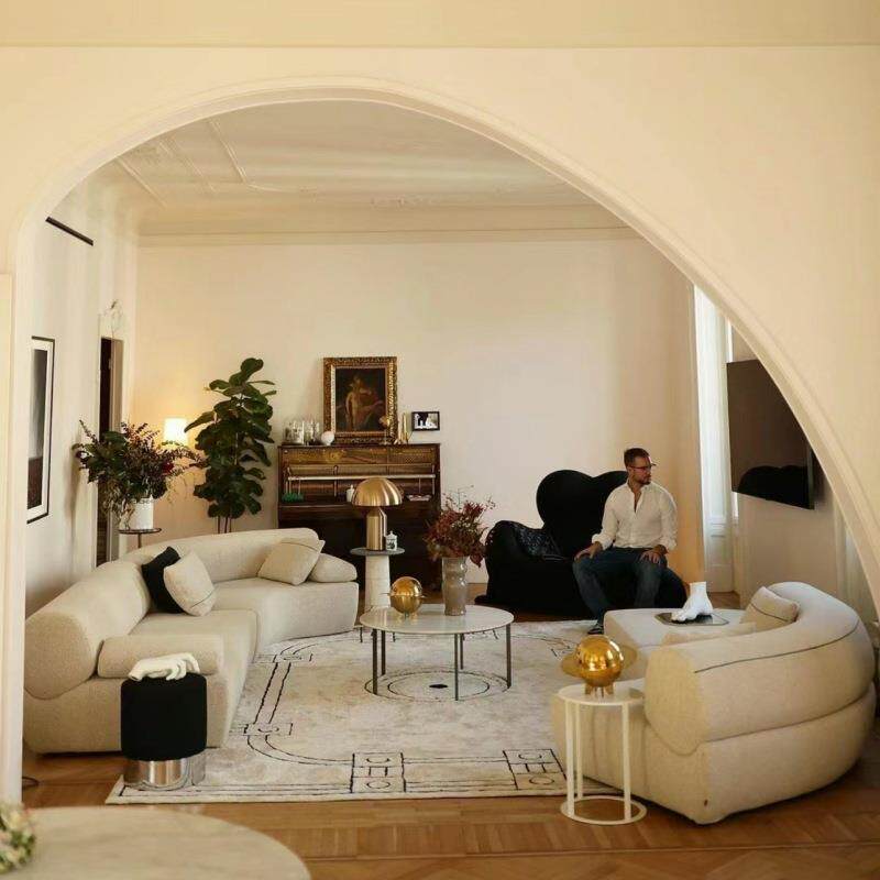 好看的奶油原木写实风布艺弧形沙发异形设计款棉麻粗麻布沙发整装